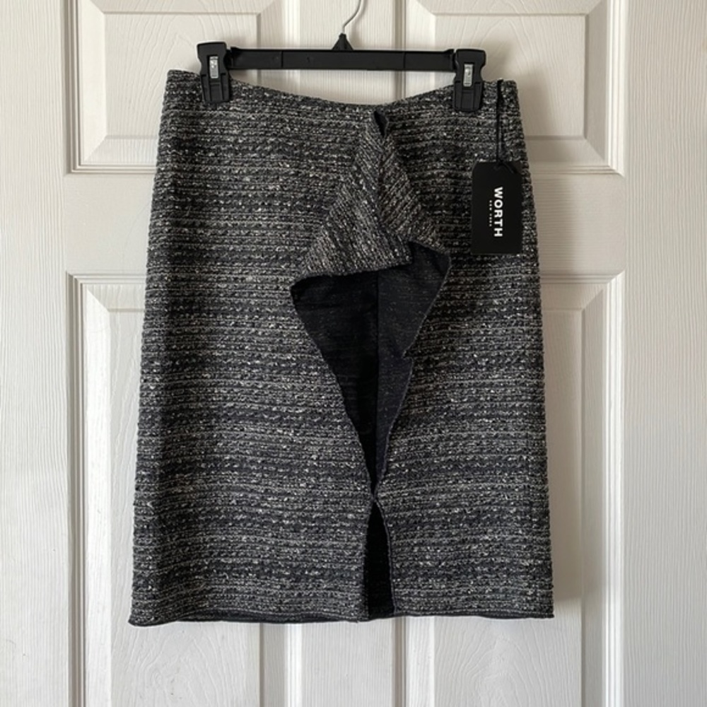 Worth New York black grey wool silk midi pencil zip up split in front skirt sz 2